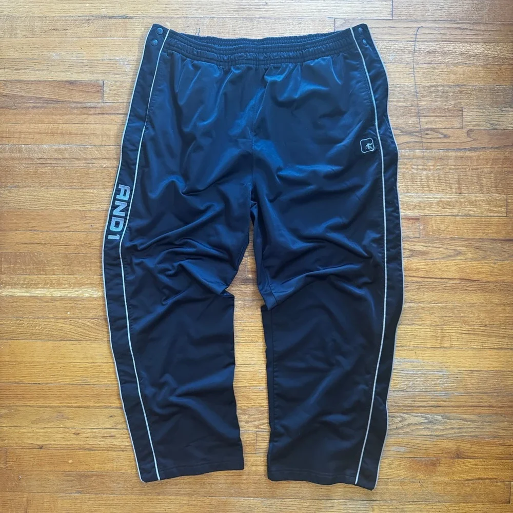 AND1 Mens 3XL Black Tear Away Snap Side Basketball Track Pants Warmup Stripe‎